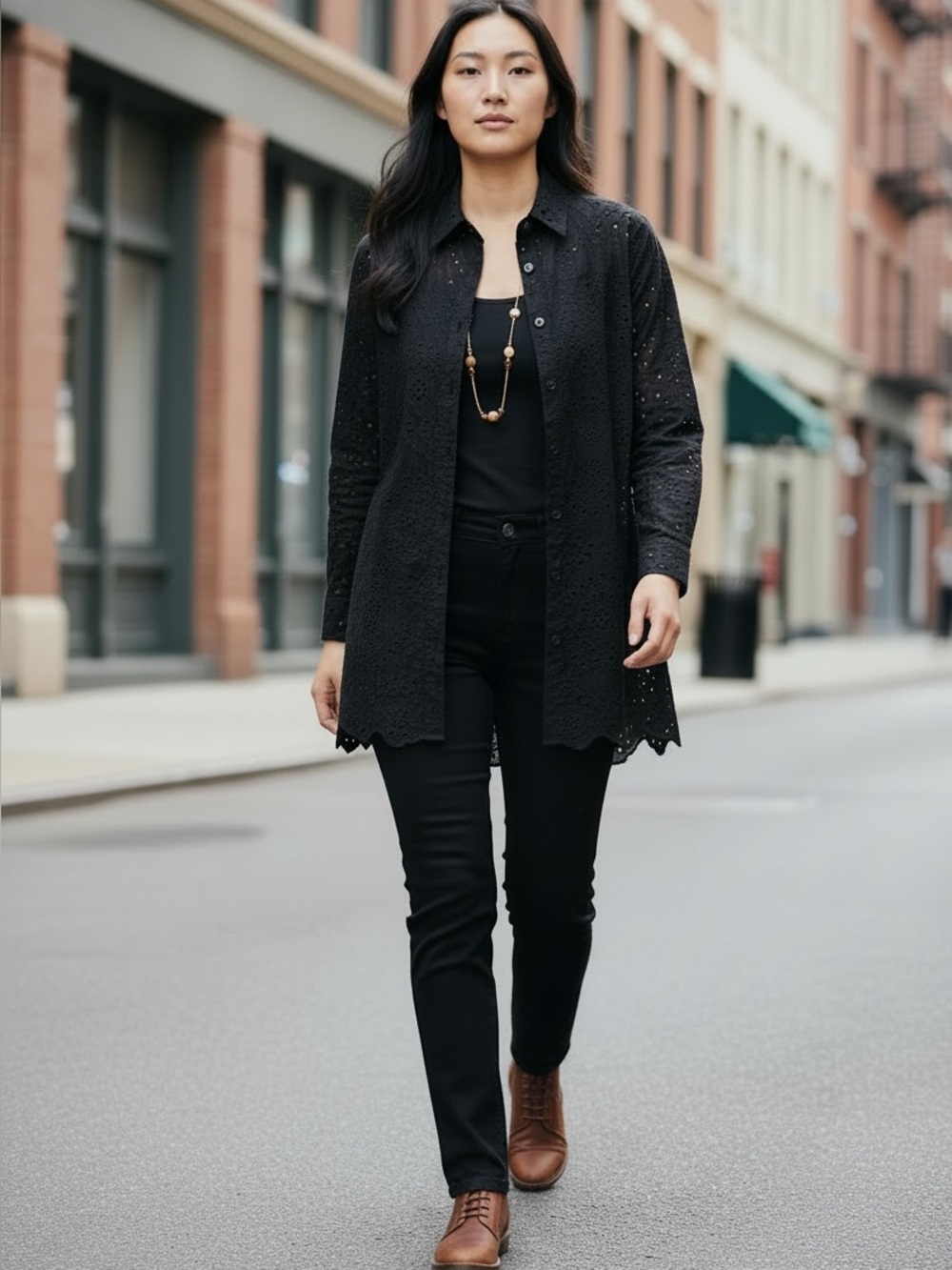 Women's Sz M Black Eyelet Button-Down Long Sleeve Top Feminine Contemporary
